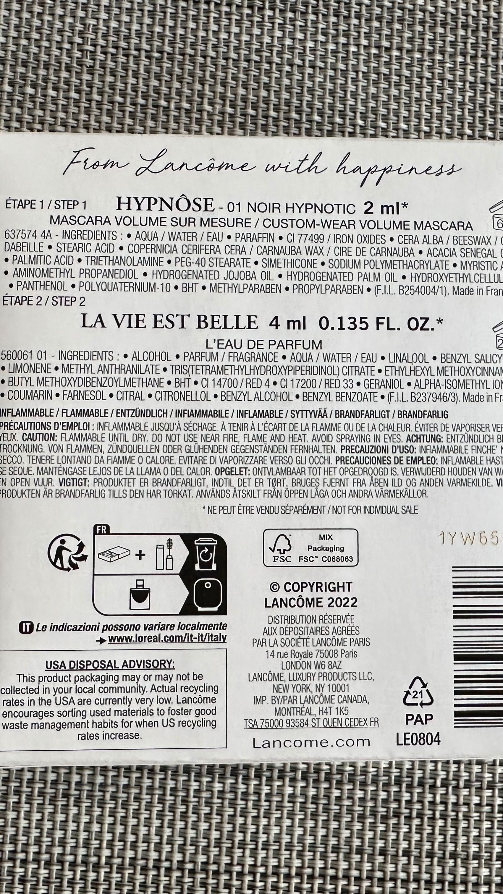 Lancome zestaw miniaturek HYPNOSE 2 ml+LA VIE EST BELLE EAU DE PARFUM