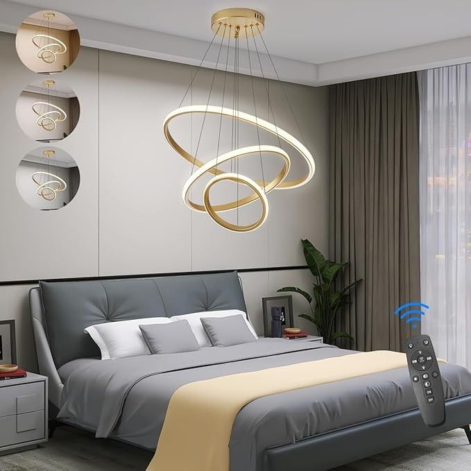KSIBNW Lampa wisząca LED, 3 pierścienie, nowoczesna, złota