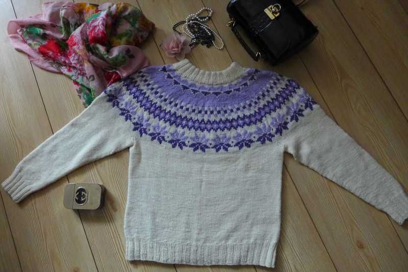 Żakardowy wzór islandzki Fair Isle SWETER handmade XS 34 lopapeysa