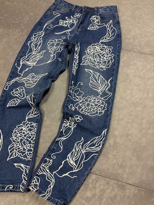 Spodnie jeansowe z retro nadrukami baggy y2k denim (S)