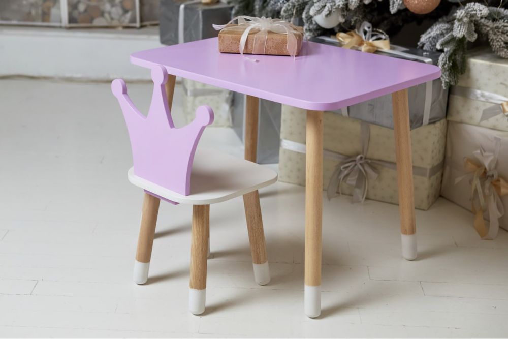 Дитячий прямокутний столик і стільчик фіолетовий корона стілець