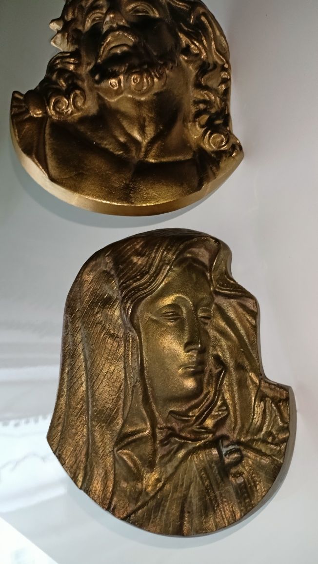 Plakietka, płaskorzeźba, obraz Jezus i Maryja z mosiądzu-cena za 2 szt