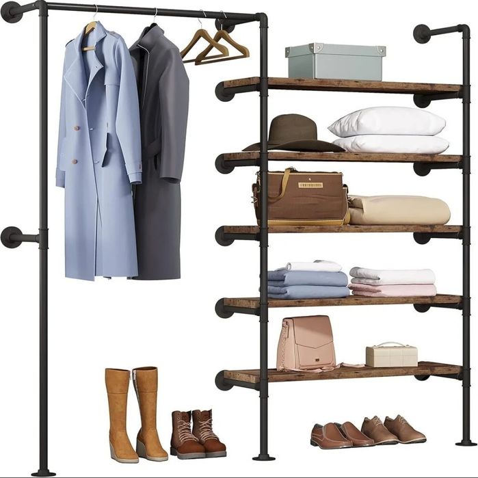 Wieszak na ubrania z półkami 
montowany na ścianie, styl
industrialny