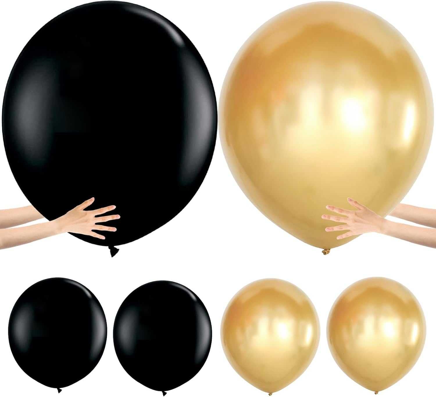 Bardzo Duże Balony Czarne + Złote 91 cm - 6 szt