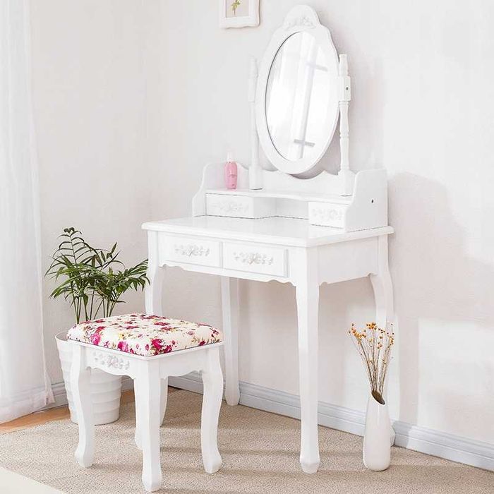Toaletka Kosmetyczna z LUSTREM BIAŁA + TABORET Model RÓŻA 008