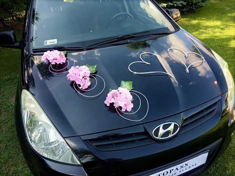 DS16  * Ślubna dekoracja na samochód z różowych hortensji