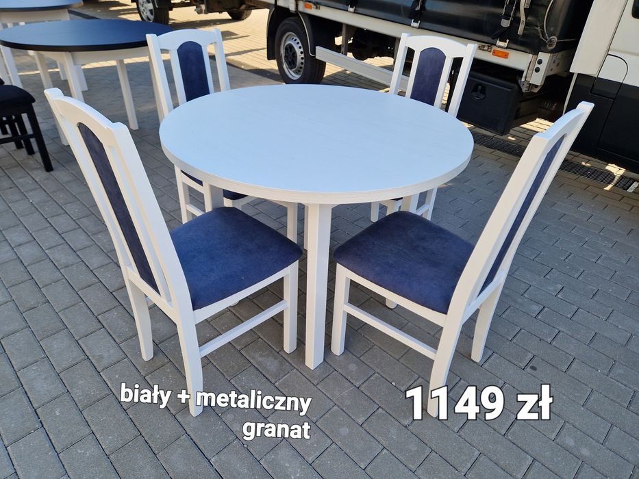 Nowe : Stół okrągły + 4 krzesła, biały + metaliczny granat, transPL