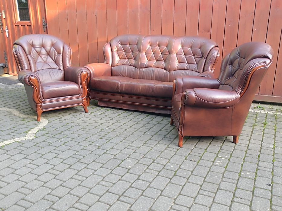 Komplet skórzany 3+1+1, sofa i fotele, styl Ludwikowski, skóra natural