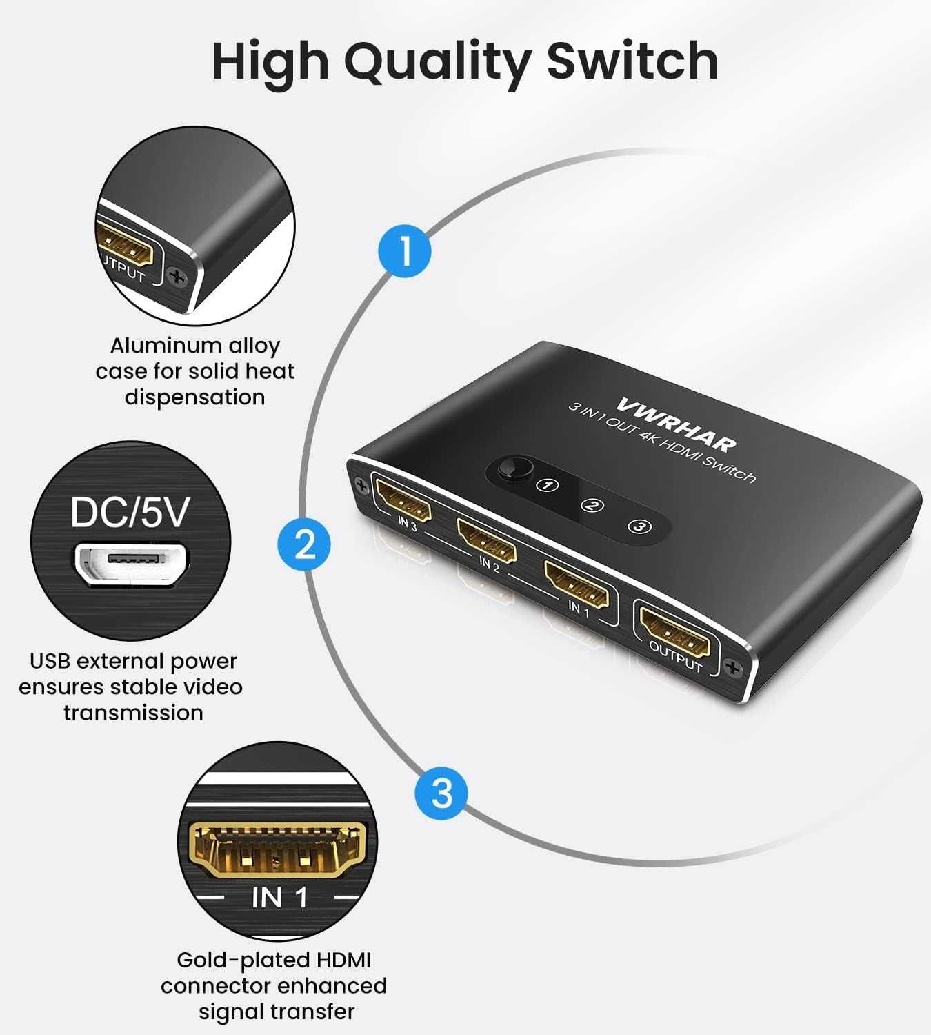 Przełącznik Rozdzielacz HDMI VWRHAR 4K2301A Switch 3w1 PS5 PS4 Xbox TV