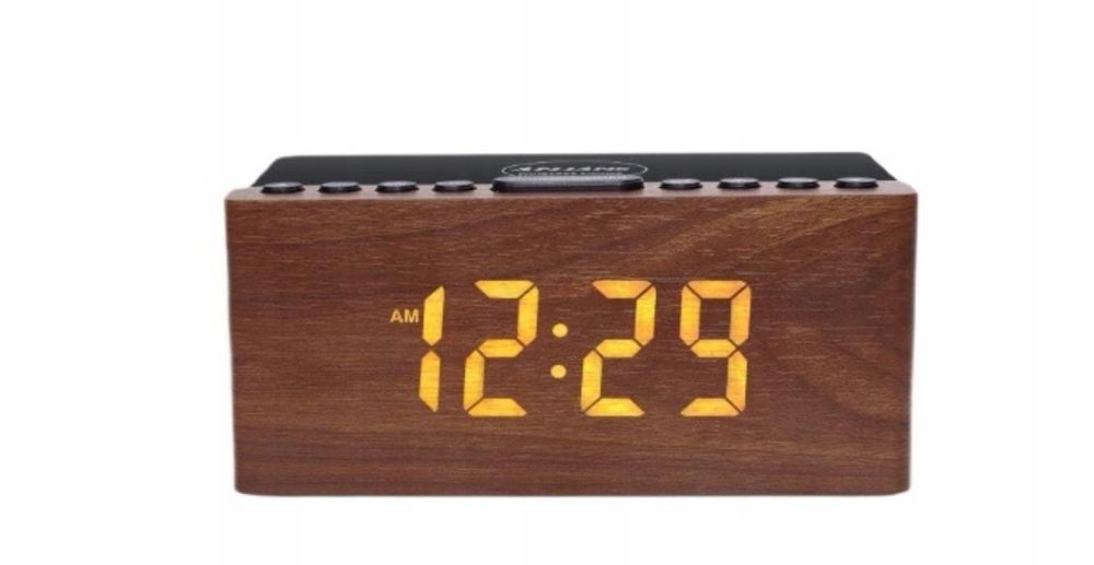 Stylowy drewniany budzik z radiem i ładowarką indukcyjną ANJANK AC190