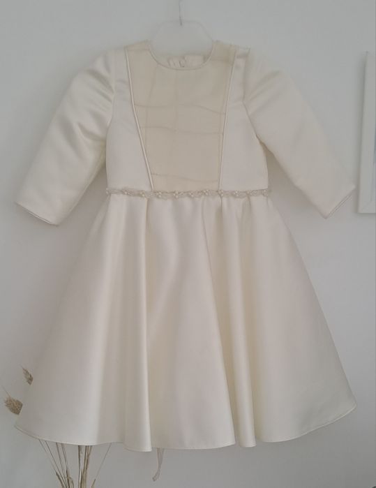 Vestido Batizado 2/3 Anos em cetim com encaixe de renda  cor Pérola