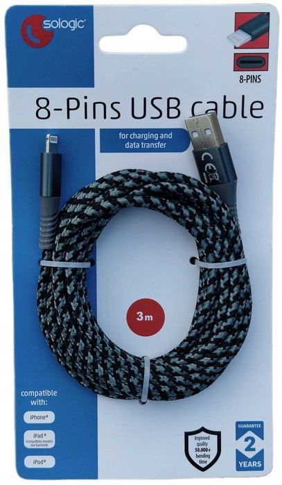 Kabel USB do ładowania i przesył. danych - Sologic®m Apple, 3m