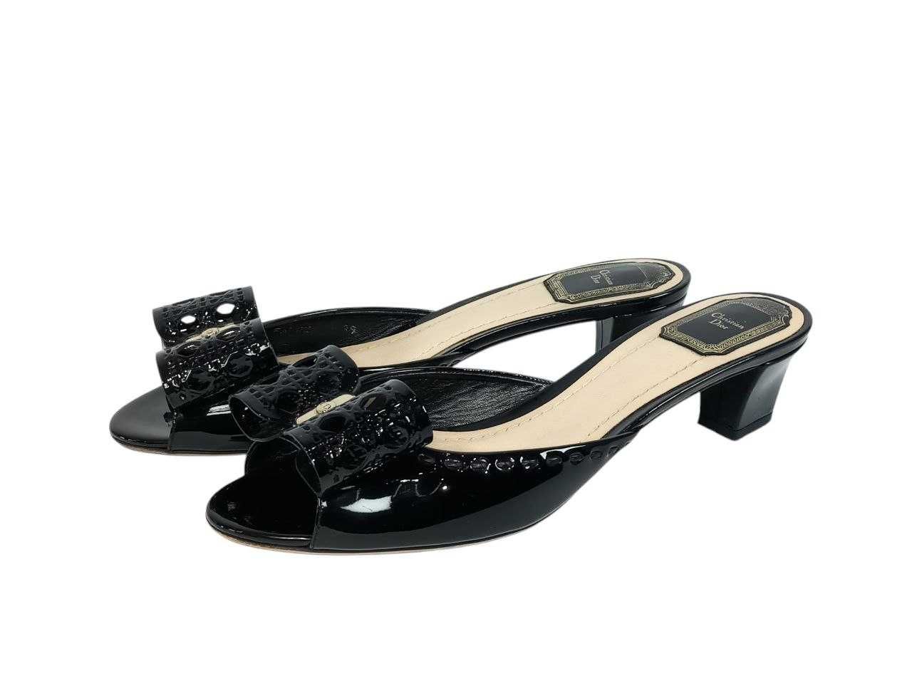Кожаные босоножки шлепанцы Dior Black Patent Leather Bow Peep Оригинал