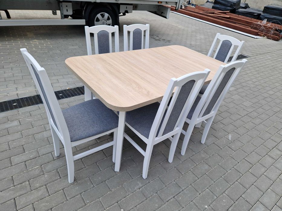 OD RĘKI: Stół rozkładany + 6 krzeseł, NOWE , biały/sonoma + szary