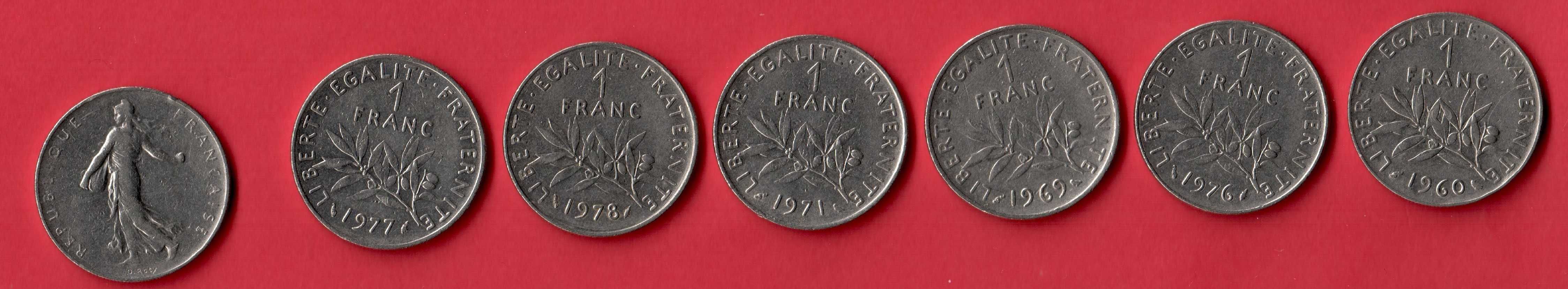 1 Frank 60,61,69,71,77-78 5 Frank 1978 r. Francja Komplet monet  Nr.15