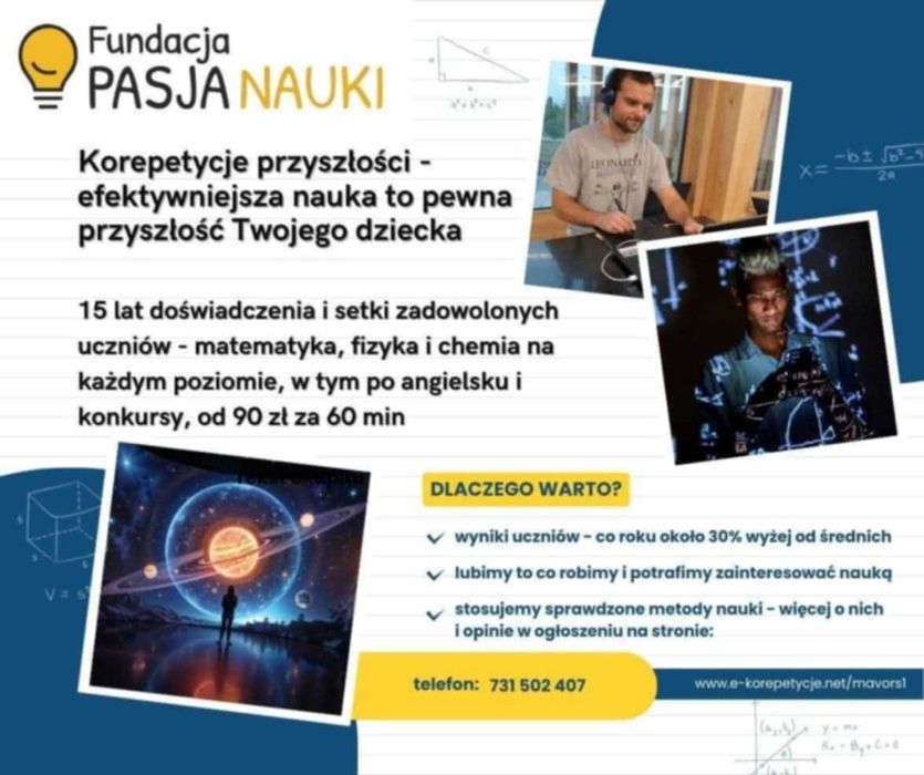 Fundacja Pasja Nauki - matematyka fizyka i chemia 15 lat doświadczenia