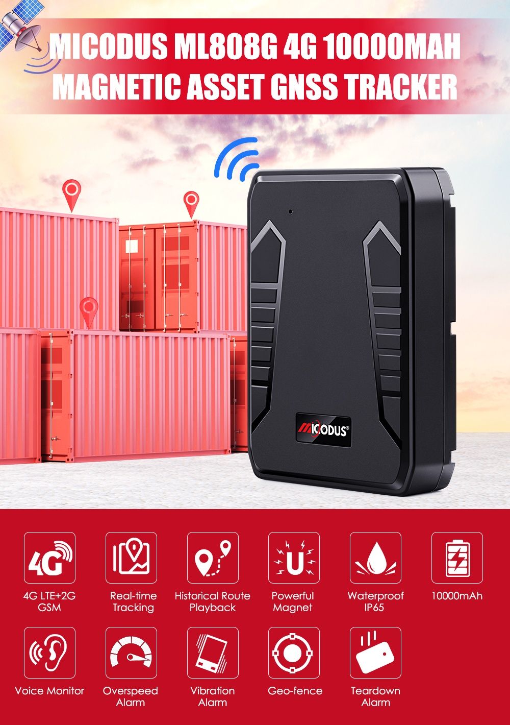 Localizador GPS 4G Micodus ML808G 10000mAh georreferência Voz SELADO