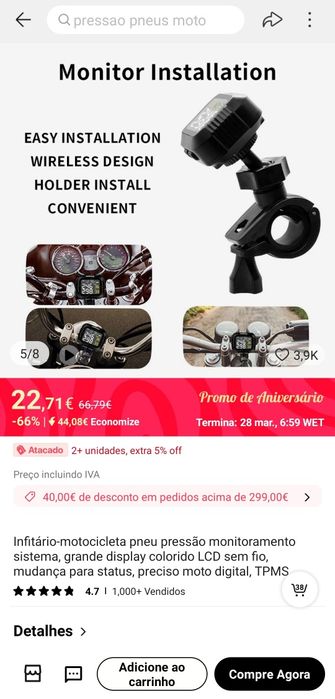 Sensor pressão de pneus para motociclo