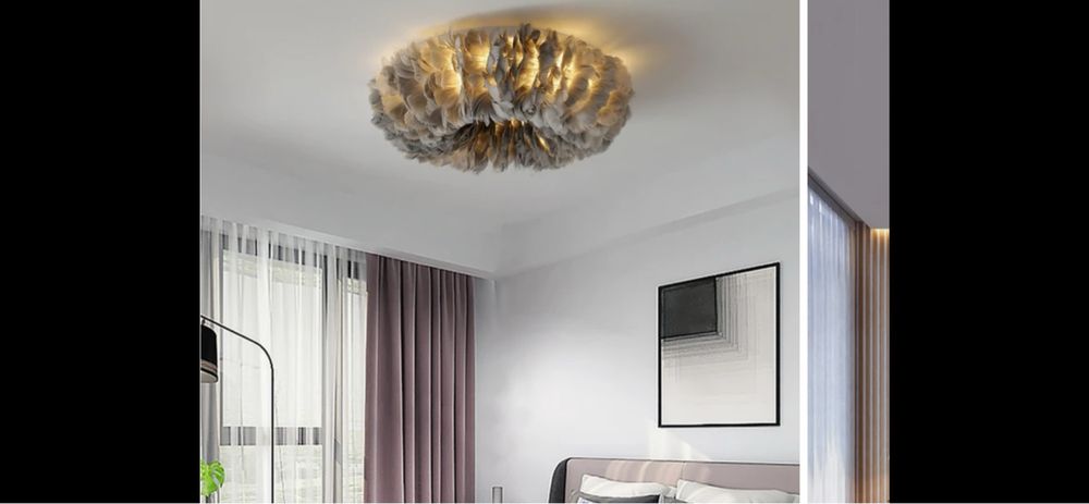 Piękny duży żyrandol szare pióra skandynawski okrągły