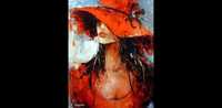 Kowalik - W czerwonym kapeluszu 40x50cm obraz olejny dziewczyna akt