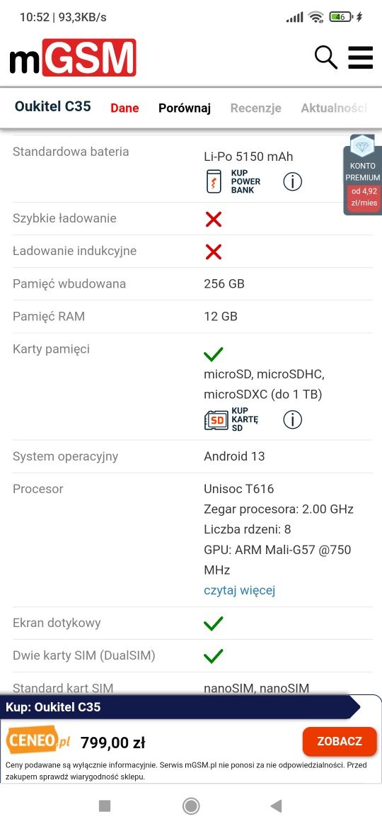 Oukitel c35 12/256gb android 13 gwarancja 24m