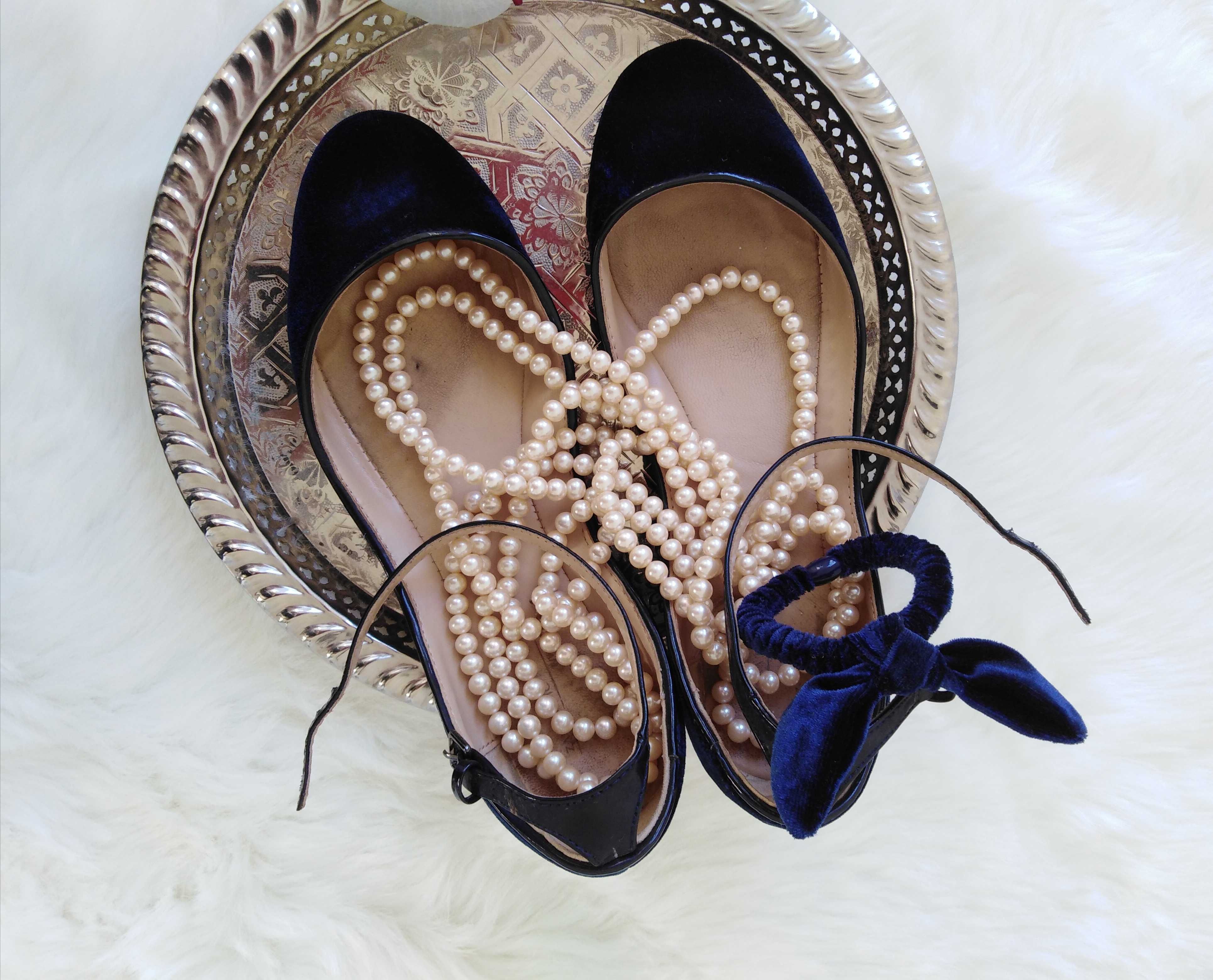 Granatowe aksamitne skórzane baleriny, Balerina shoe deep blue velvet