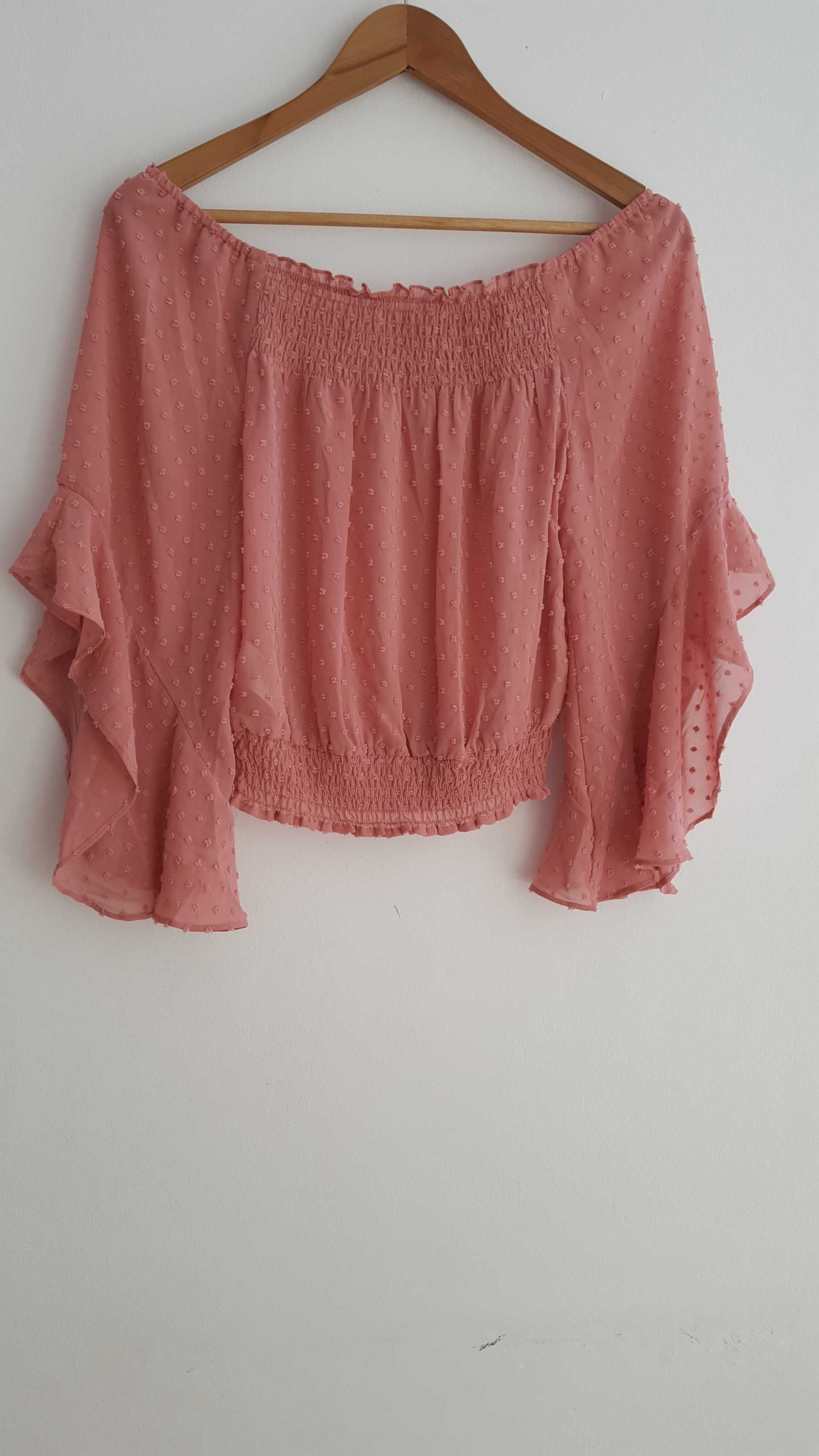 Różowa bluzeczka typu hiszpanka H&M, marszczona, M
