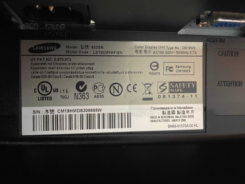 Monitor SAMSUNG 933SN 18,5" LCD WXGA 1366x768