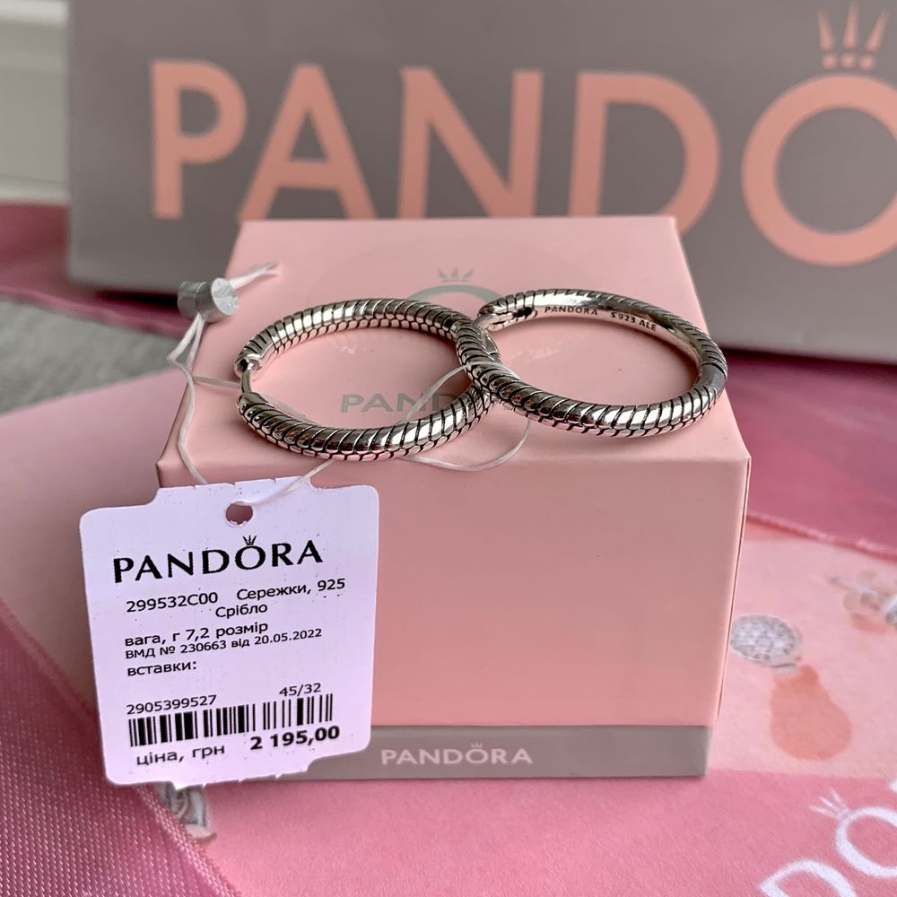 Сережки Pandora Пандора/ Серьги Pandora оригінал/ нові срібло кільця