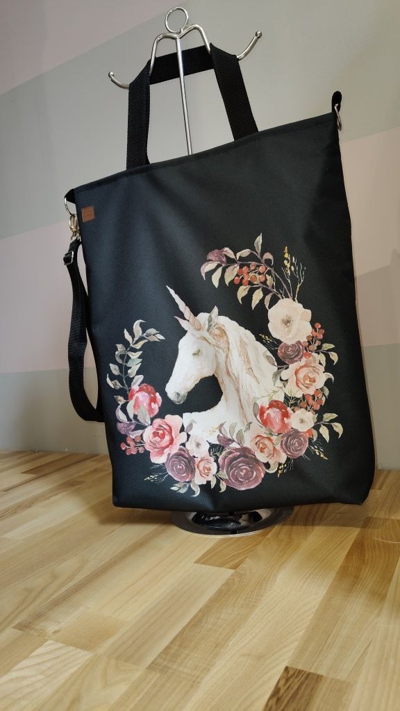 Torebka jednorożec i kwiaty torba z jednorożcem HandMade duża torba