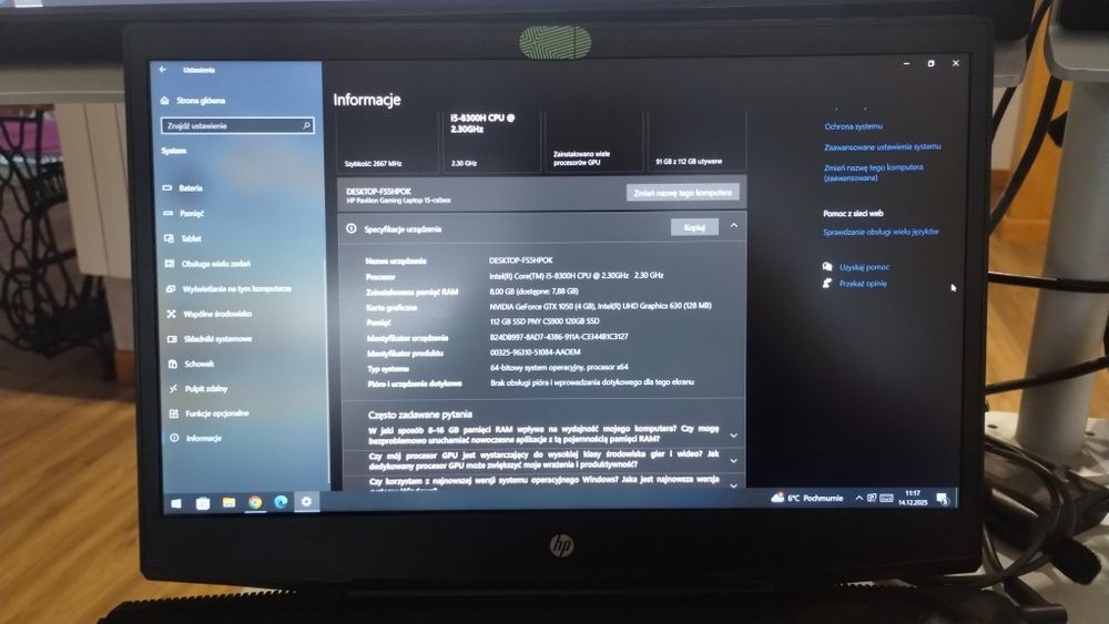 HP Pavilion GTX 1050 4GB uszkodzone zawiasy