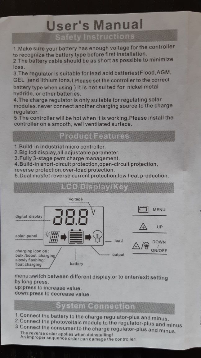 Solar charge controller W88-C 30А  (ШИМ) для заряда от солн. панелей