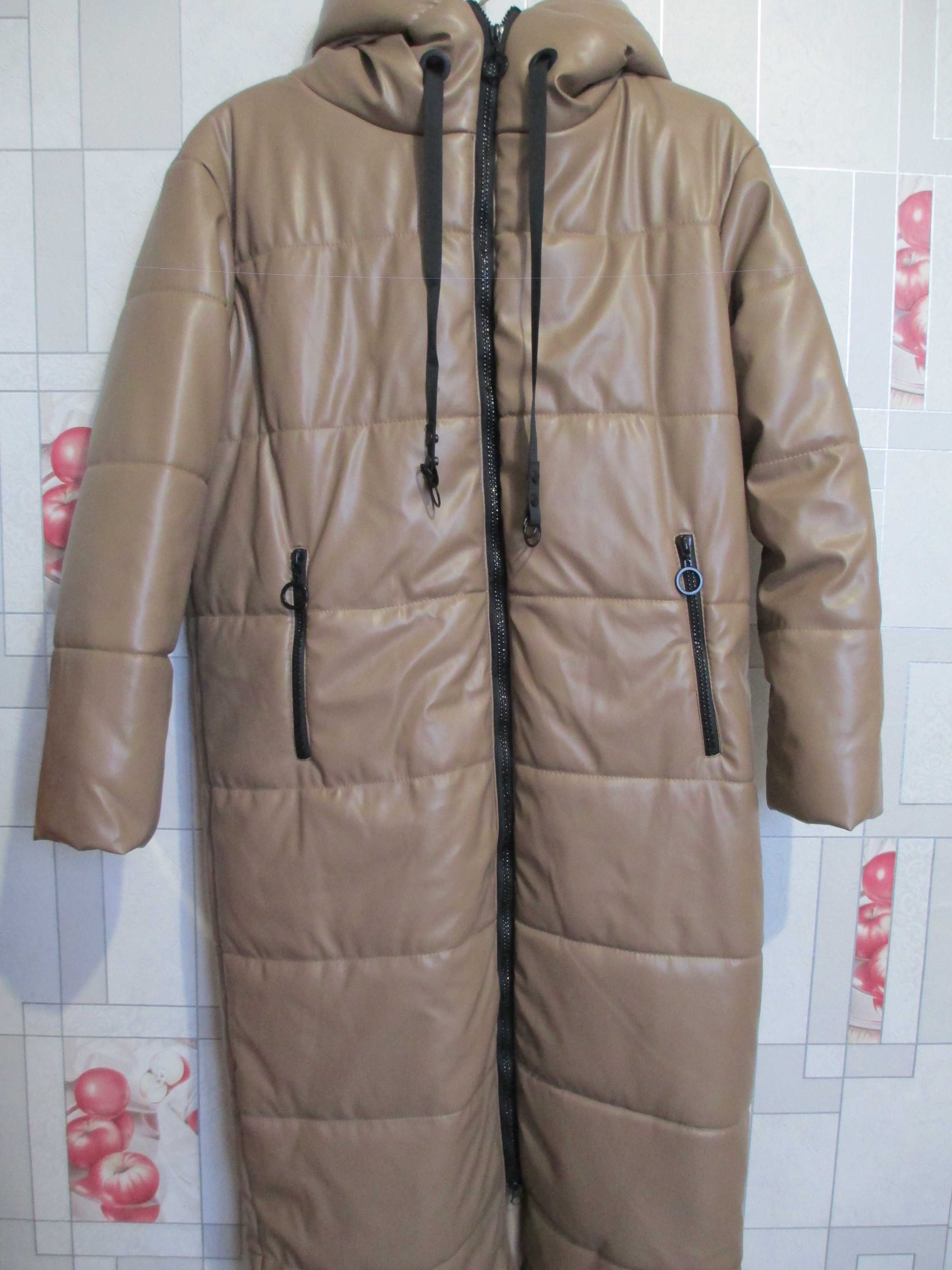 Зимнее длинное пальто куртка экокожа 48-50 р.