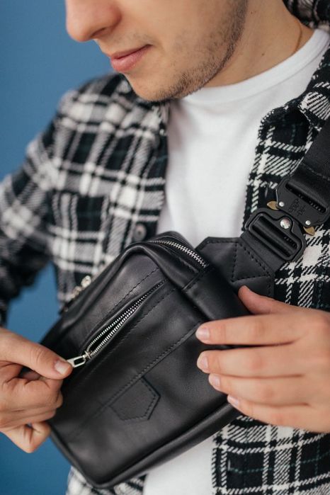 Мужская кожаная бананка, чоловіча шкіряна бананка, чорна бананка SHIFT