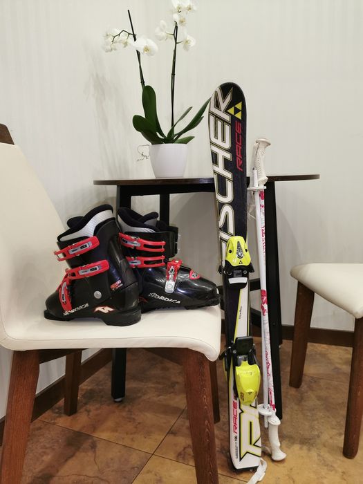 Narty 100cm, buty 35, kijki, komplet