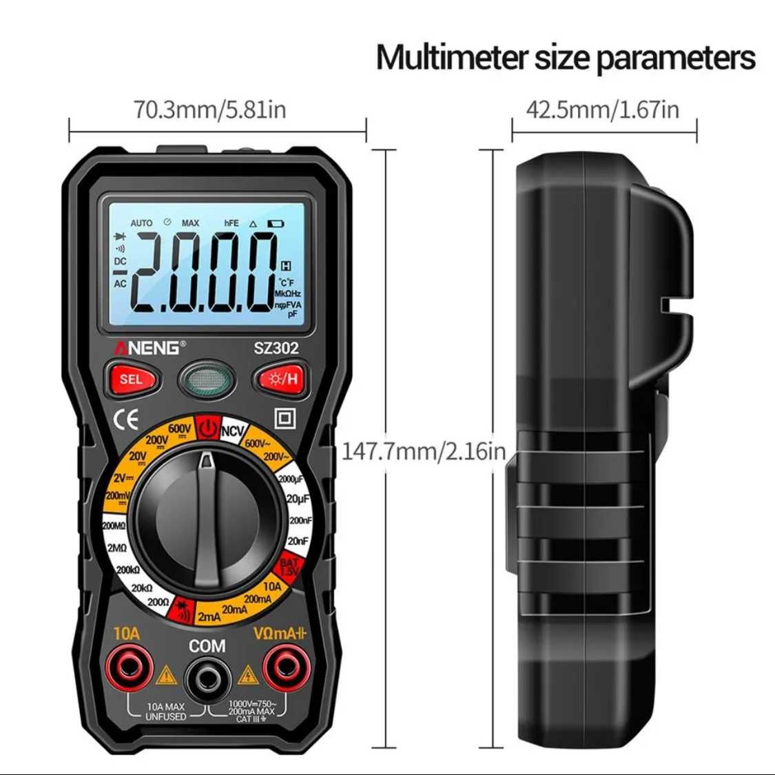 Мультиметр тестер Aneng SZ302 NCV, led подсветка, фонарик, 2 х 1,5в АА