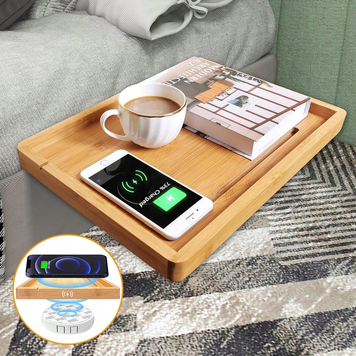 bambusowa stolik na łóżko z ładowarką bezprzewodową na telefon