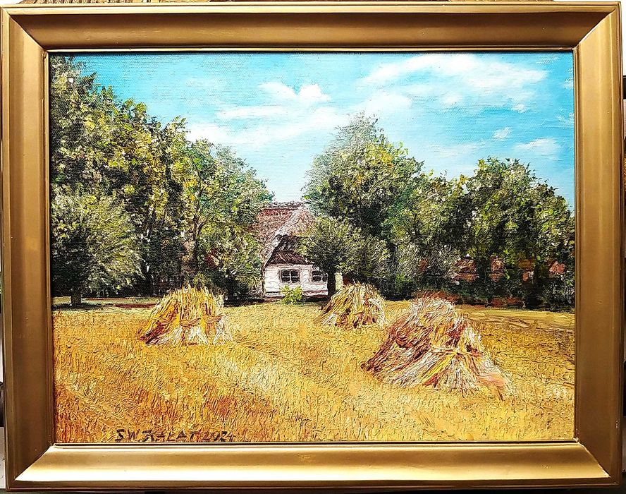 Obraz olejny na płótnie w drewnianej ramie 35,5x45,5 "Pole za wsią"