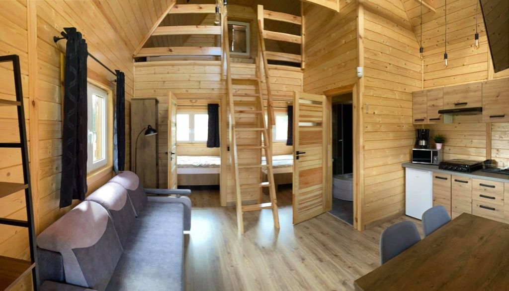 Domki z linią brzegową#jezioro# pomost#sprzęty wodne#sauna#jacuzzi
