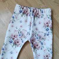Spodnie legginsy kwiatuszki kwiatki print niebieskie różowe handmade