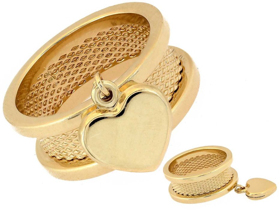 Pierścionek złoty szeroki obrączkowy z wiszącym sercem