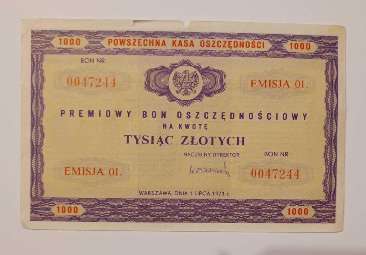 bon oszczędnościowy PKO 1000 zł 1971. Polska