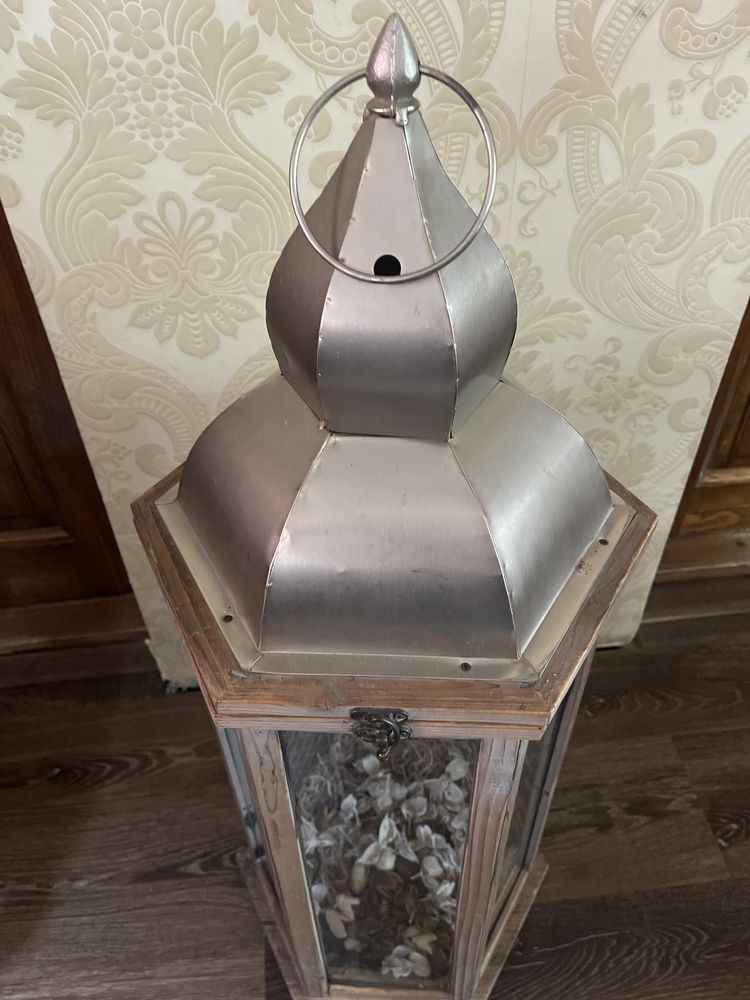 Lampion latarnia drewno metaloplastyka boho vintage 80 cm