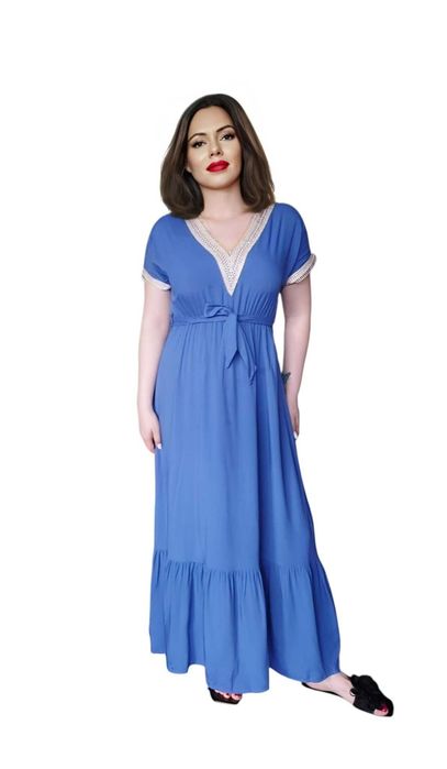 NOWA niebieska maxi długa letnia sukienka damska 100% BAWEŁNA L 40