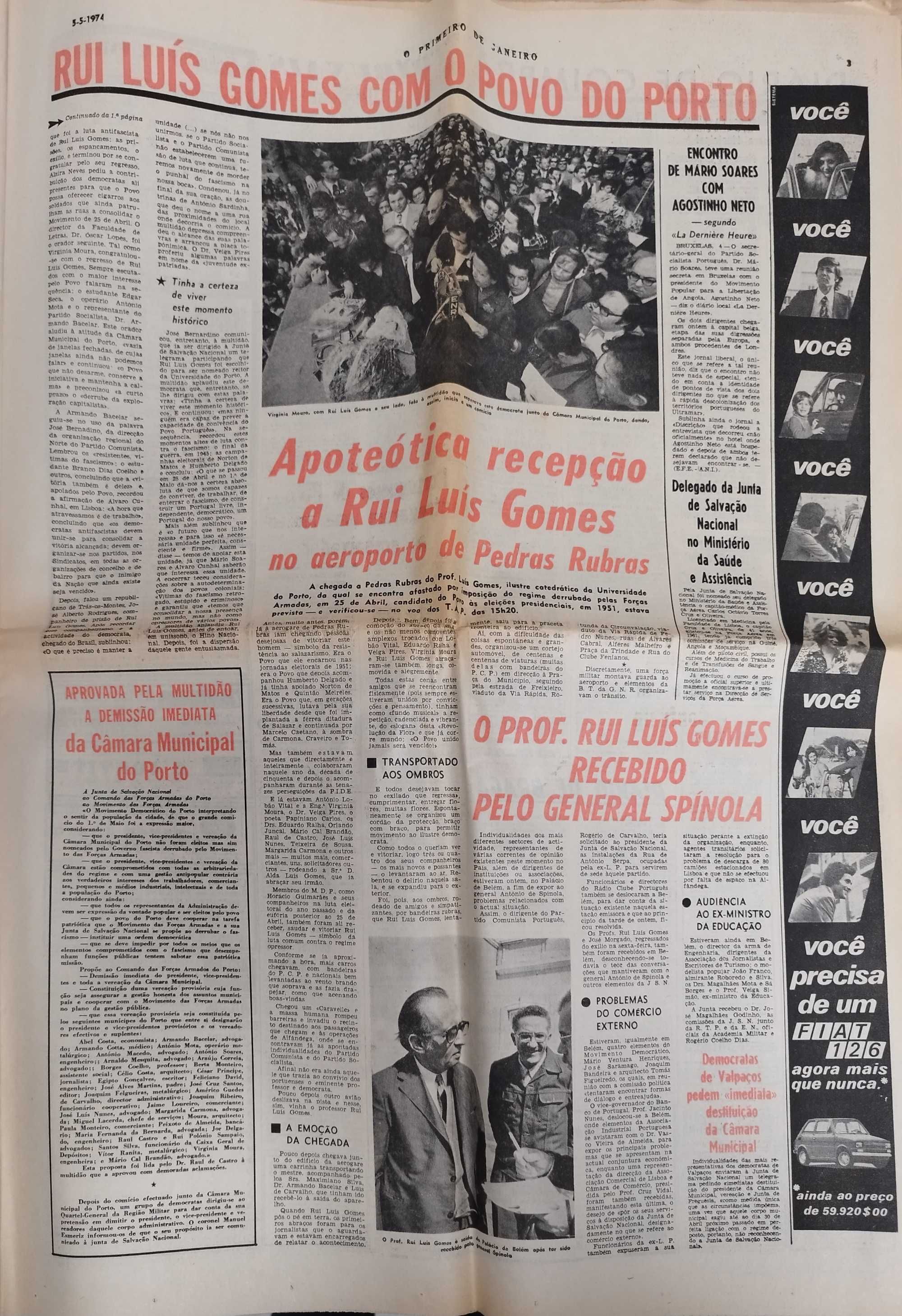 Jornal "O Primeiro de Janeiro" de 5 Maio 1974- após a revolução