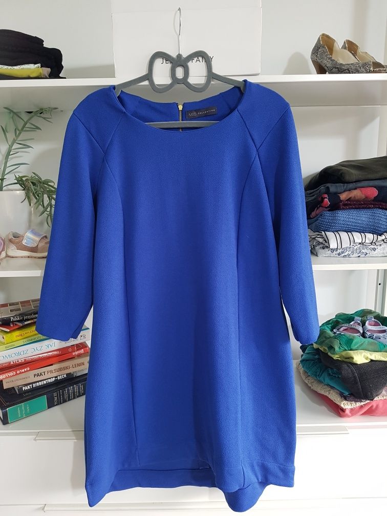 Sukienka biurowa elegancka ciemnoniebieska z rękawem 3/4 na L/XL