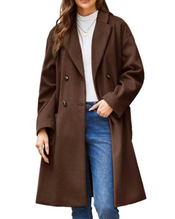 Damski płaszcz z klapami wełniany elegancki zimowy brązowy roz S