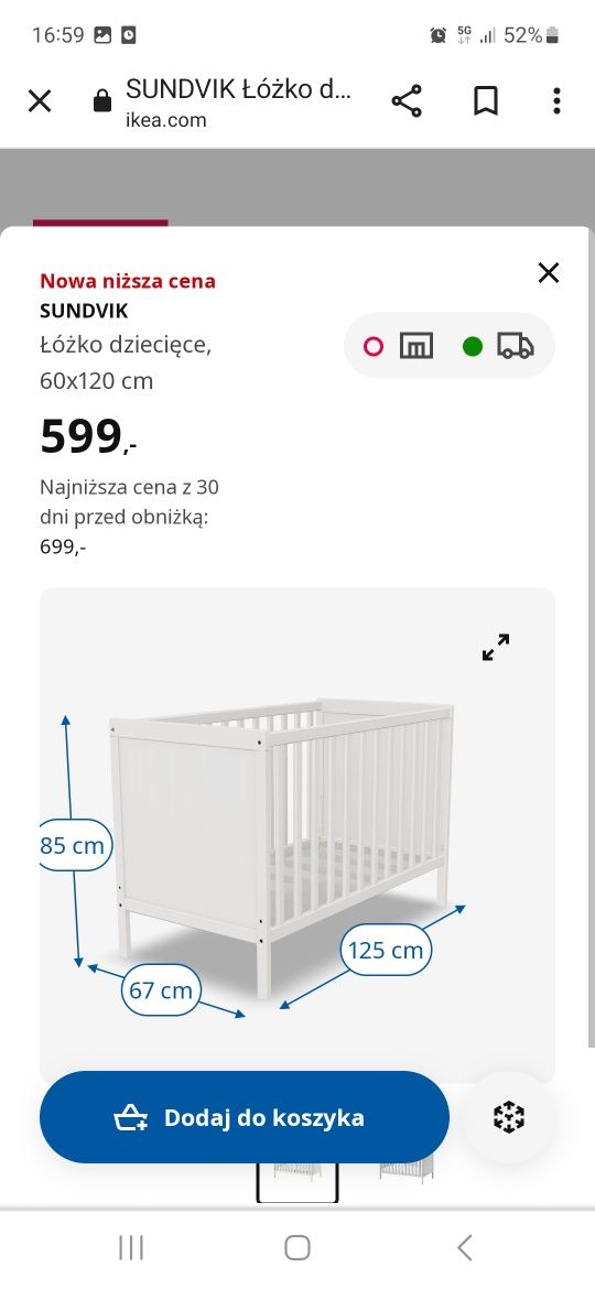 Łóżeczko Ikea białe Sundvik plus materac