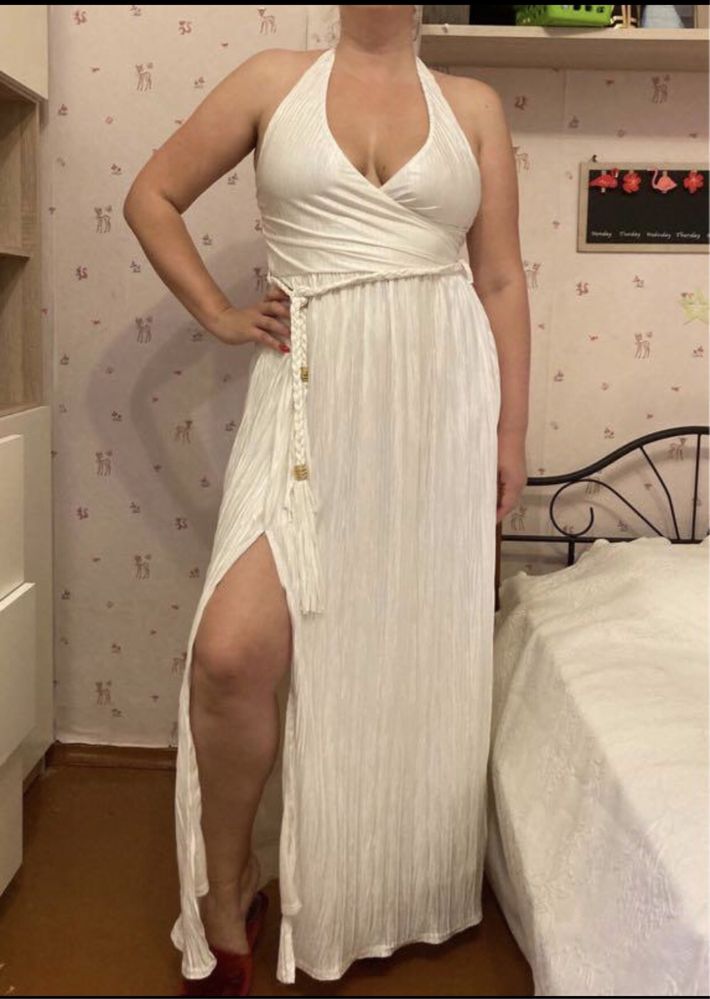 Летнее белое длинное платье с разрезом декольте 40 42 размер М -L