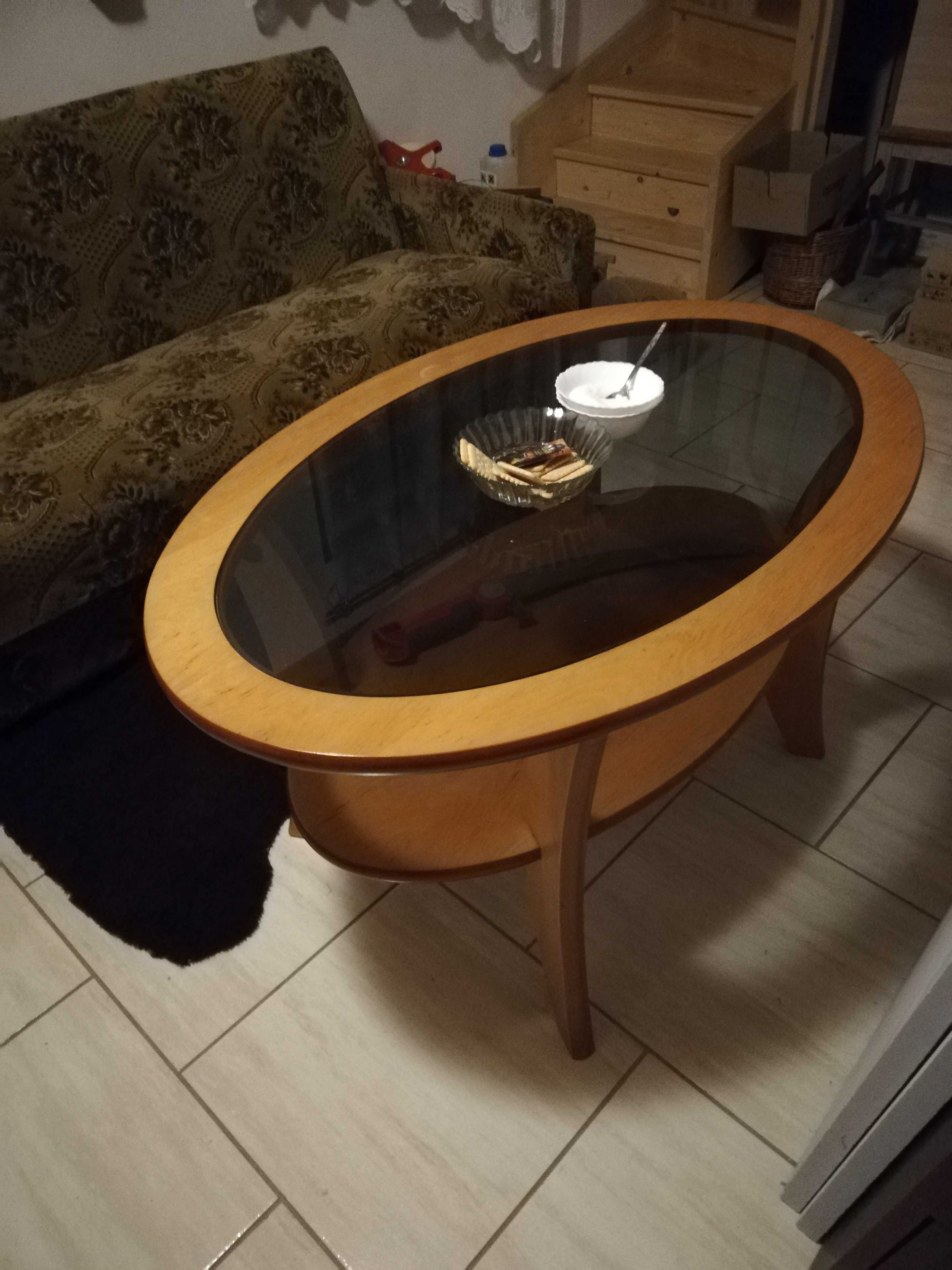 Stół drewniany owalny z szybą w blacie, z półką PRL 106x68x59cm